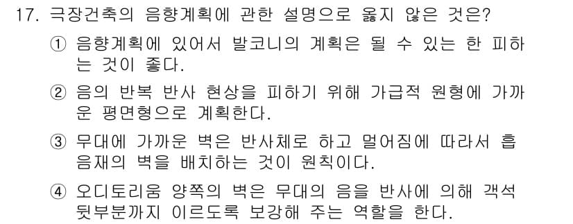 실내건축기사(구) 2022년 17번 - 음향건축의 응향계획에서 반사현상을 피하는 것이 중요하다. 이는 음향의 품... 에 관한 핵심 기출문제