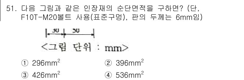실내건축기사(구) 2022년 51번 - 주어진 그림에서 인장재의 수단면적은 너비와 두께를 곱하여 계산합니다. F... 에 관한 핵심 기출문제