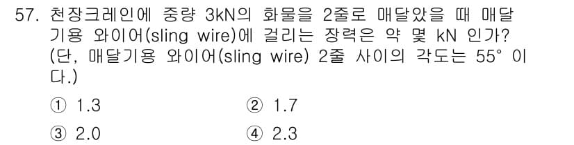 산업안전기사 2022년 58번 - 주어진 문제에서 매달기 위해 필요한 장력은 삼각함수를 이용해 구할 수 있... 에 관한 핵심 기출문제