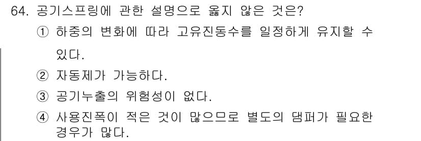 소음진동기사(구) 2016년 64번 - 공기스프링은 일반적으로 공기압의 변화에 따라 진동 특성이 달라지며, 위협... 에 관한 핵심 기출문제