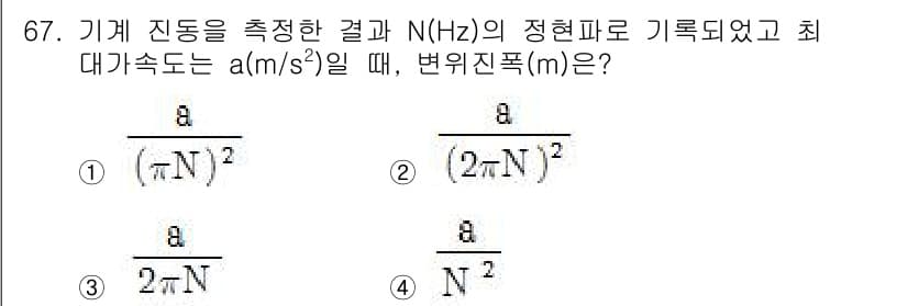 소음진동기사(구) 2016년 67번 - 진동 시스템의 최대 진폭 \( A \)는 주파수 \( N \)과 최대 가... 에 관한 핵심 기출문제