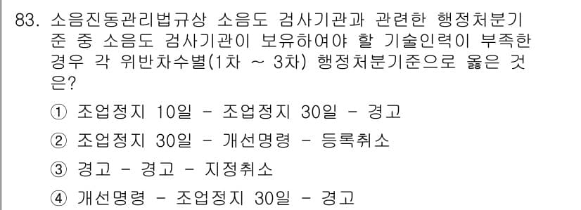 소음진동기사(구) 2016년 83번 - 소음진동관리법규상 소음도 검사기관의 행정처분 기준은 정도에 따라 다르게 ... 에 관한 핵심 기출문제