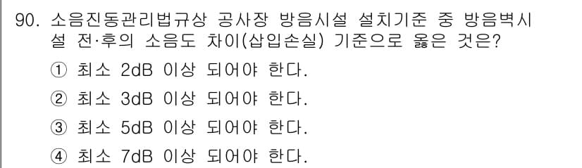 소음진동기사(구) 2016년 90번 - 소음진동관리법규상 방음시설의 설계 기준에서 소음도 차이는 최소 5dB 이... 에 관한 핵심 기출문제