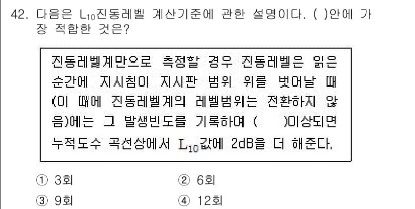 소음진동기사 2016년 42번 - L10 진동 레벨 계산 기준에서, L10 수치는 주어진 시간 동안 측정된... 에 관한 핵심 기출문제
