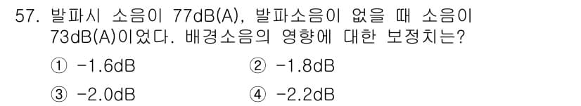 소음진동기사 2016년 57번 - 발파 소음이 77 dB(A)이고, 배경 소음이 73 dB(A)일 때, 배... 에 관한 핵심 기출문제