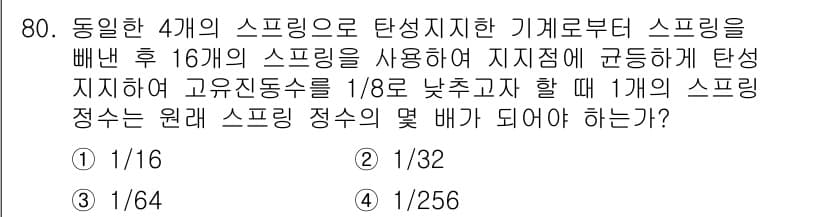소음진동기사 2016년 80번 - 문제에서 제시된 스프링의 시스템은 병렬로 연결된 스프링들로 구성되어 있습... 에 관한 핵심 기출문제