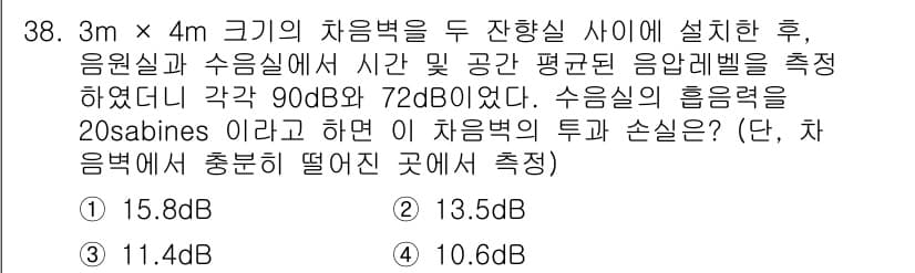 소음진동기사(구) 2017년 38번 - 주어진 문제에서 두 개의 차음벽의 음압레벨을 고려할 때, 수신실의 흡음력... 에 관한 핵심 기출문제