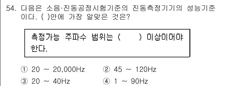소음진동기사(구) 2017년 55번 - 소음 측정에서 가장 일반적인 주파수 범위는 20 Hz에서 20,000 H... 에 관한 핵심 기출문제
