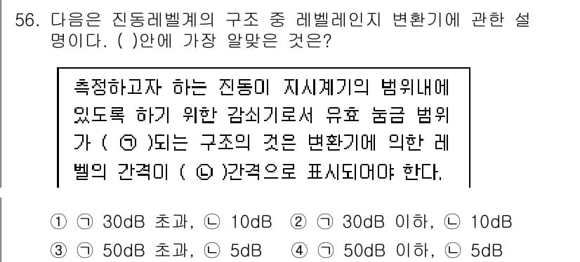 소음진동기사(구) 2017년 57번 - 진동 레벨의 변화는 로그 스케일로 표현되며, 상대적으로 작은 변화도 큰 ... 에 관한 핵심 기출문제