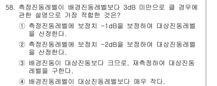 소음진동기사(구) 2017년 59번 - 정답 1번은 측정진동레벨이 -1dB일 때, 기준 소음진동레벨보다 더 높다... 에 관한 핵심 기출문제
