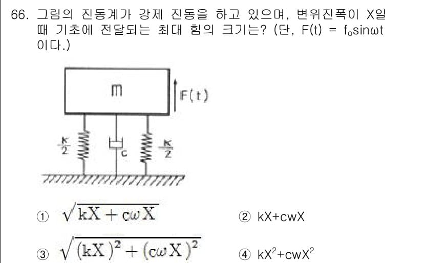 소음진동기사(구) 2017년 67번 - 주어진 기계의 경우, 최대 진동 응답은 강제 진동 주파수와 고유 진동 주... 에 관한 핵심 기출문제