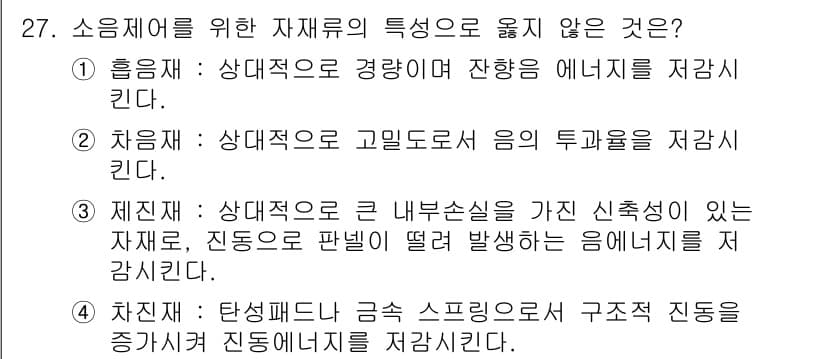 소음진동기사 2017년 27번 - 소음재료의 특성 중 '제진제'는 내부손실을 가진 특정 소재로 소음 해소에... 에 관한 핵심 기출문제