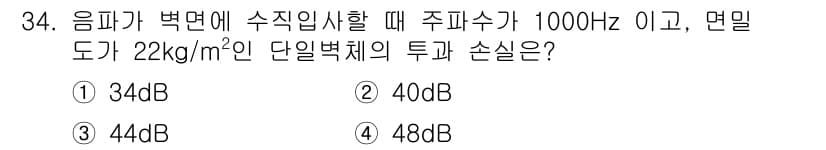 소음진동기사 2017년 34번 - 주파수가 1000Hz일 때, 면밀도가 22kg/m²인 단일벽체의 소음 감... 에 관한 핵심 기출문제