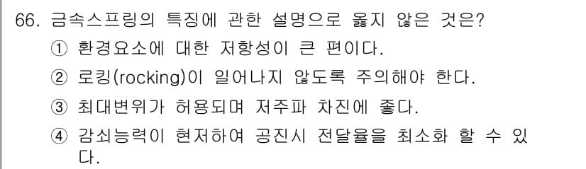 소음진동기사(구) 2018년 66번 - 금속스프링의 특성 중 환경요인에 대한 저항성이 크다는 설명은 잘못되었다.... 에 관한 핵심 기출문제