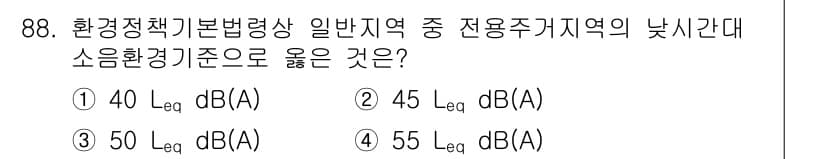 소음진동기사(구) 2018년 88번 - 소음 환경기준은 지역에 따라 다르게 설정되며, 일반적으로 주거지역의 낙시... 에 관한 핵심 기출문제