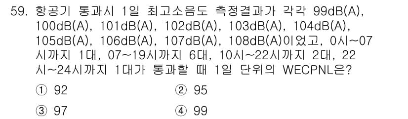소음진동기사 2018년 59번 - 주어진 문제에서 일일 총 소음량은 각 시간대의 소음을 모두 합산한 후, ... 에 관한 핵심 기출문제