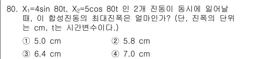 소음진동기사 2018년 80번 - 두 진동의 최대진폭을 합산할 때, 두 진동의 위상이 서로 다르므로 벡터의... 에 관한 핵심 기출문제