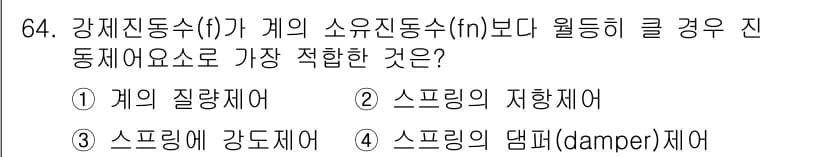 소음진동기사 2019년 65번 - . 스프링의 지항재어

스프링의 지항재어는 높은 소음진동수에 대해 효과적... 에 관한 핵심 기출문제
