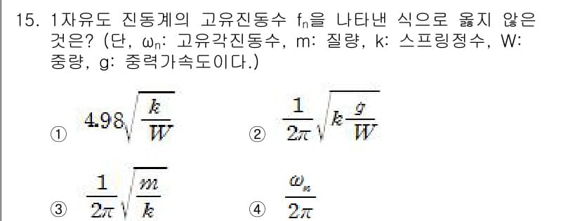 소음진동기사(구) 2020년 15번 - 문제에서 고유진동수 \( f_n \)는 질량 \( m \), 스프링 정수... 에 관한 핵심 기출문제
