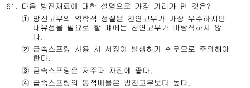 소음진동기사(구) 2020년 61번 - 금속 스프링의 동점배웅은 방진 고무보다 높아, 진동을 효과적으로 억제할 ... 에 관한 핵심 기출문제