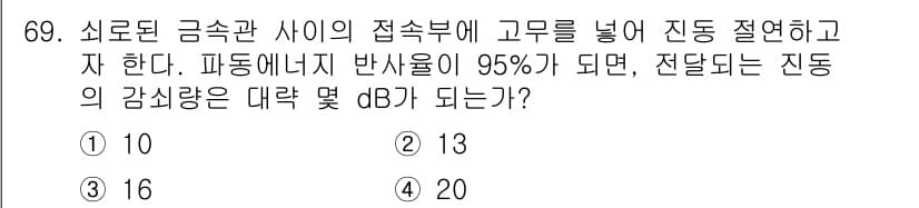 소음진동기사(구) 2020년 69번 - 진동의 강도는 로그 스케일로 표현되며, 반사율이 95%일 때 기존 강도의... 에 관한 핵심 기출문제