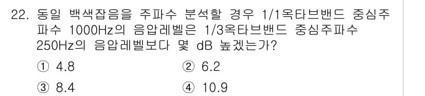 소음진동기사 2020년 22번 - 주어진 문제는 중심주파수에 대한 대역폭을 비교하는 분광 해석 문제입니다.... 에 관한 핵심 기출문제