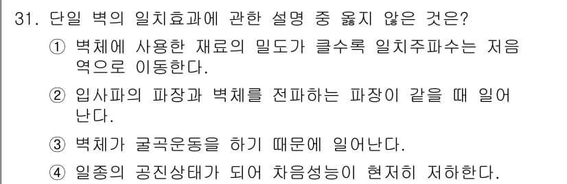 소음진동기사 2020년 31번 - . 

이유: 벽체의 밀도는 일치효과와 관련이 없으며, 주파수에 따른 진... 에 관한 핵심 기출문제