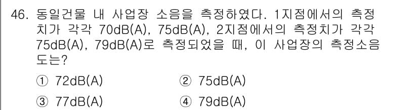 소음진동기사 2020년 46번 - 소음은 측정 위치에 따라 다르게 나타날 수 있으므로, 각각의 지점에서 측... 에 관한 핵심 기출문제