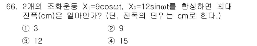 소음진동기사(구) 2021년 66번 - 진폭 X의 합성은 다음과 같다. 두 주기의 진폭이 각각 9와 12일 때,... 에 관한 핵심 기출문제