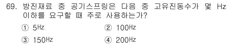 소음진동기사(구) 2021년 69번 - . 

방진재료 중 공기 스프링은 저주파수 대역에서 효과적이며, 일반적으... 에 관한 핵심 기출문제