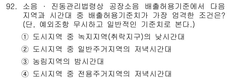 소음진동기사(구) 2021년 92번 - 도시지역 중 전용주거지역의 경우 소음 기준이 엄격하게 적용되어, 소음이 ... 에 관한 핵심 기출문제