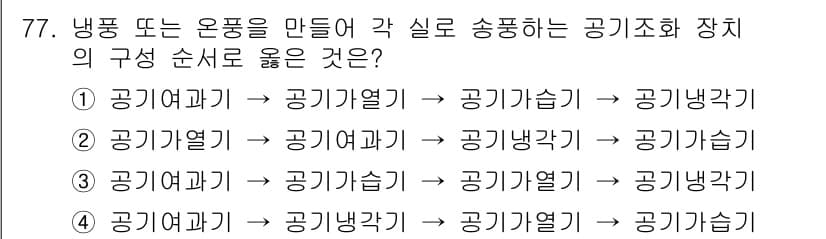 공조냉동기계기사(구) 2022년 78번 - 냉풍 또는 온풍을 만들기 위해 공기압축기와 관련된 장치들을 순서대로 배치... 에 관한 핵심 기출문제