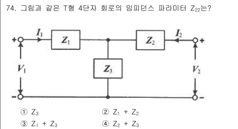 전기기사 2022년 73번 - 주어진 T형 4단자 회로에서 임피던스 파라미터 $Z_{22}$는 출력 단... 에 관한 핵심 기출문제
