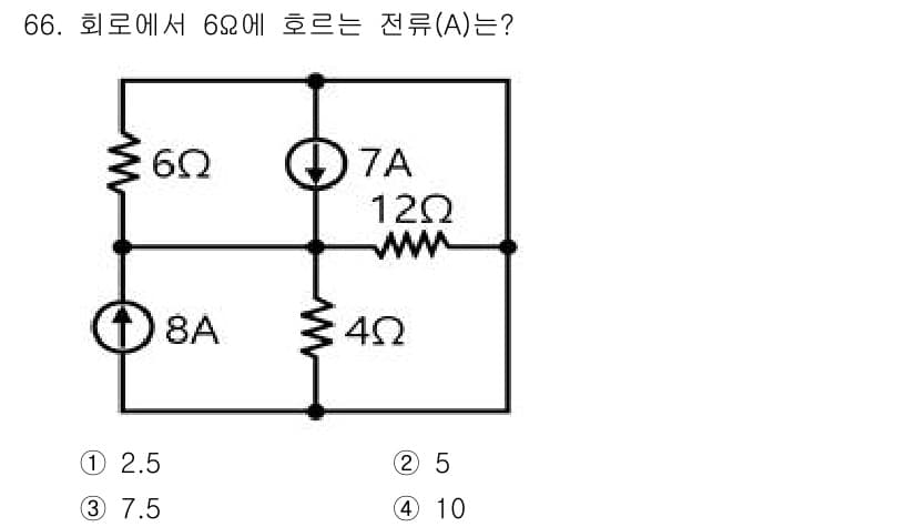 전기공사기사 2022년 66번 - 회로에서 6Ω 저항에 흐르는 전류를 구하기 위해 키르히호프의 법칙을 적용... 에 관한 핵심 기출문제