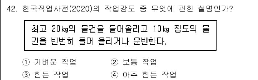 직업상담사_2급(구) 2022년 42번 - . 보통 작업

설명: '최고 20kg의 물건을 들어 올리고 10kg 정... 에 관한 핵심 기출문제