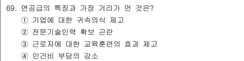 직업상담사_2급(구) 2022년 69번 - . 인건비 부담의 감소

해설: 연공급의 특징은 경력에 따라 급여가 증가... 에 관한 핵심 기출문제
