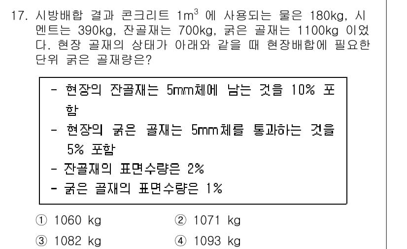 건설재료시험기사 2022년 17번 - 주어진 조건에서 시멘트와 잔골재의 비율을 고려했을 때, 1m³의 콘크리트... 에 관한 핵심 기출문제