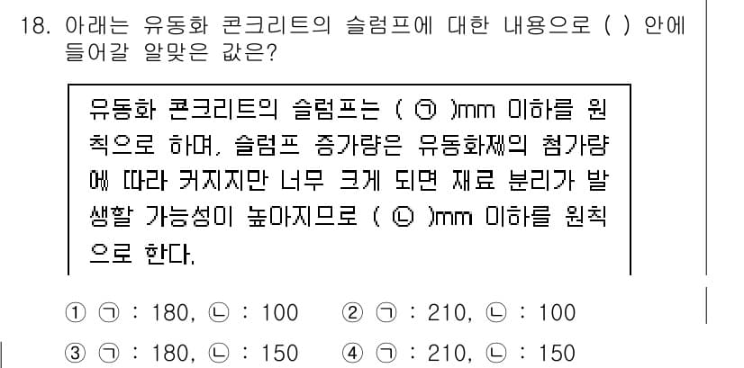 건설재료시험기사 2022년 18번 - 유동성 콘크리트의 슬럼프는 ( ) mm 이하를 원칙으로 하며, 슬럼프 증... 에 관한 핵심 기출문제