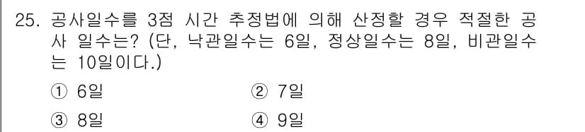 건설재료시험기사 2022년 25번 - 공사일수를 3점 추정법으로 평가할 때, 낙관일수는 6일, 비관일수는 10... 에 관한 핵심 기출문제