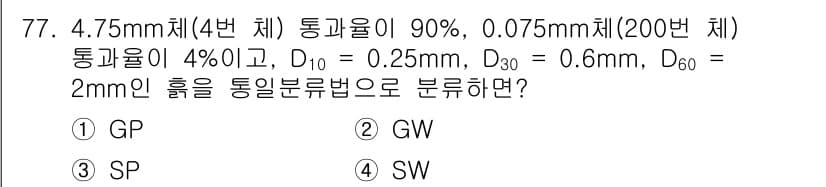 건설재료시험기사 2022년 77번 - 주어진 정보를 통해 입도 분포를 분석하면 D_10, D_30, D_60 ... 에 관한 핵심 기출문제