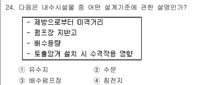 방재기사 2020년 24번 - . 

내수시설물 설계에서는 수량과 물의 흐름을 고려해야 하므로 배수량이... 에 관한 핵심 기출문제