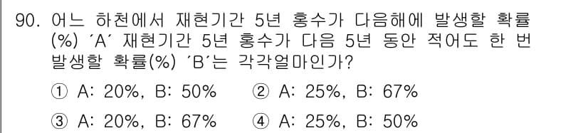 방재기사 2020년 90번 - ‘A’가 5년 동안 발생할 확률이 20%이고 ‘B’가 발생할 확률이 50... 에 관한 핵심 기출문제
