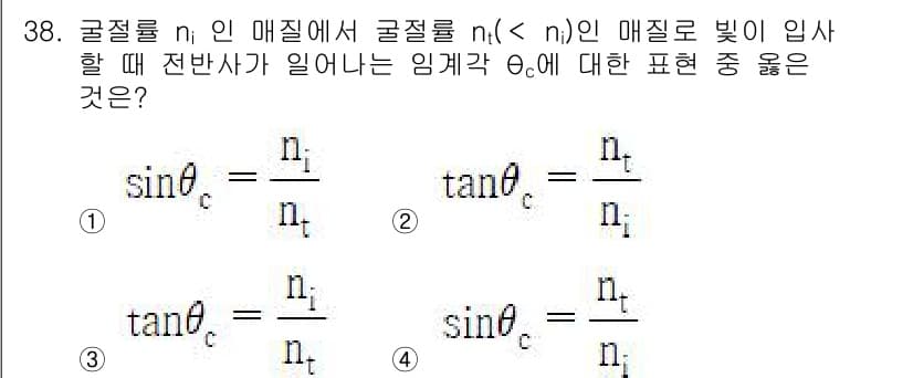 광학기사 2022년 38번 - 정답 4번이 맞는 이유는 전반사 조건에서의 임계각을 나타내는 식을 이용할... 에 관한 핵심 기출문제