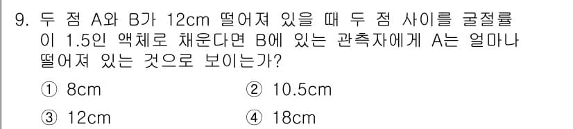 광학기사 2022년 9번 - A와 B가 12cm 떨어져 있을 때, A에서 B로 가는 빛의 경로에서 A... 에 관한 핵심 기출문제