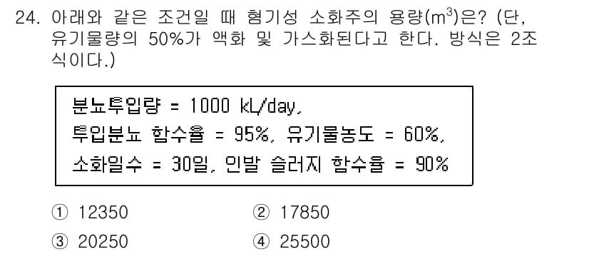 폐기물처리기사 2022년 24번 - 정답은 3번 (20250 m³)입니다. 주어진 조건에서, 유기물량의 50... 에 관한 핵심 기출문제