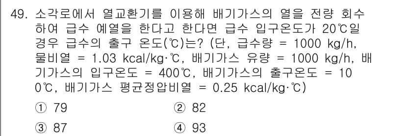 폐기물처리기사 2022년 49번 - 소각로에서 열교환기를 통해 배기물의 열을 회수하는 과정에서, 급수 온도가... 에 관한 핵심 기출문제