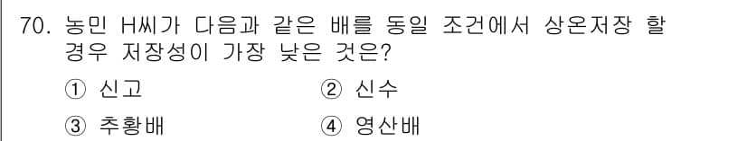 농산물품질관리사_1차 2022년 69번 - 올해의 농 제품 저장성에 영향을 미치는 여러 요인 중에서 신고는 다른 품... 에 관한 핵심 기출문제