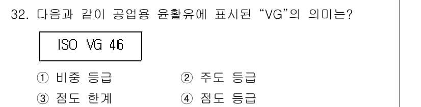 설비보전기사(구) 2022년 32번 - "VG"는 ISO에서 정의한 유압유의 viscosities(점도)를 나타... 에 관한 핵심 기출문제