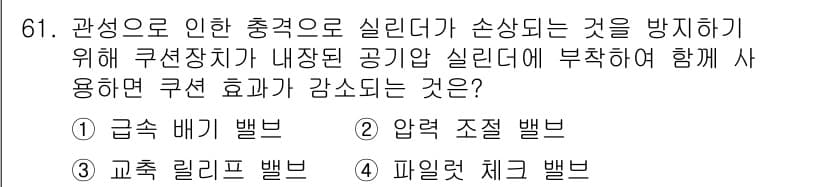 설비보전기사(구) 2022년 61번 - . 급속 배기 밸브

해설: 급속 배기 밸브는 시스템 내의 과도한 압력을... 에 관한 핵심 기출문제