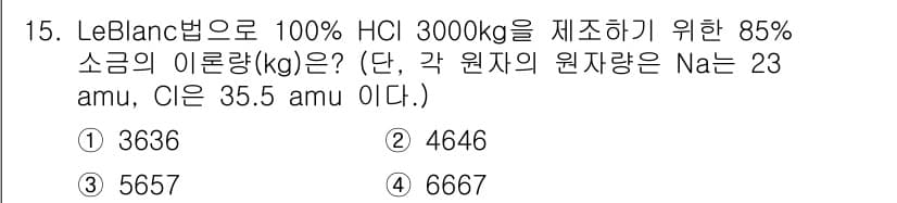 화공기사(구) 2022년 15번 - LeBlanc 공정에서 100% HCl을 생산하려면 NaCl을 전부 소모... 에 관한 핵심 기출문제
